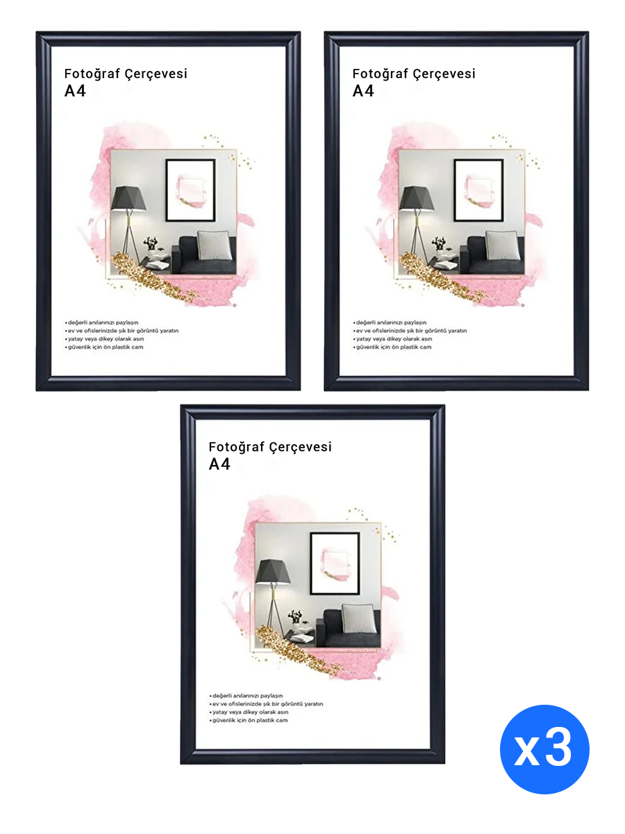 A4 Siyah Poster Çerçeve - Siyah Fotoğraf Çerçevesi Duvar Sertifika Belge Çerçeve 21x30cm 3 Adet - En İyi Fiyatlarla
