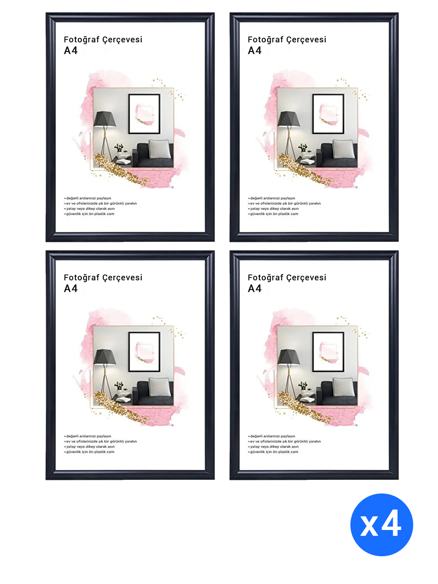 A4 Siyah Poster Çerçeve - Siyah Fotoğraf Çerçevesi Duvar Sertifika Belge Çerçeve 21x30cm 4 Adet - En İyi Fiyatlarla
