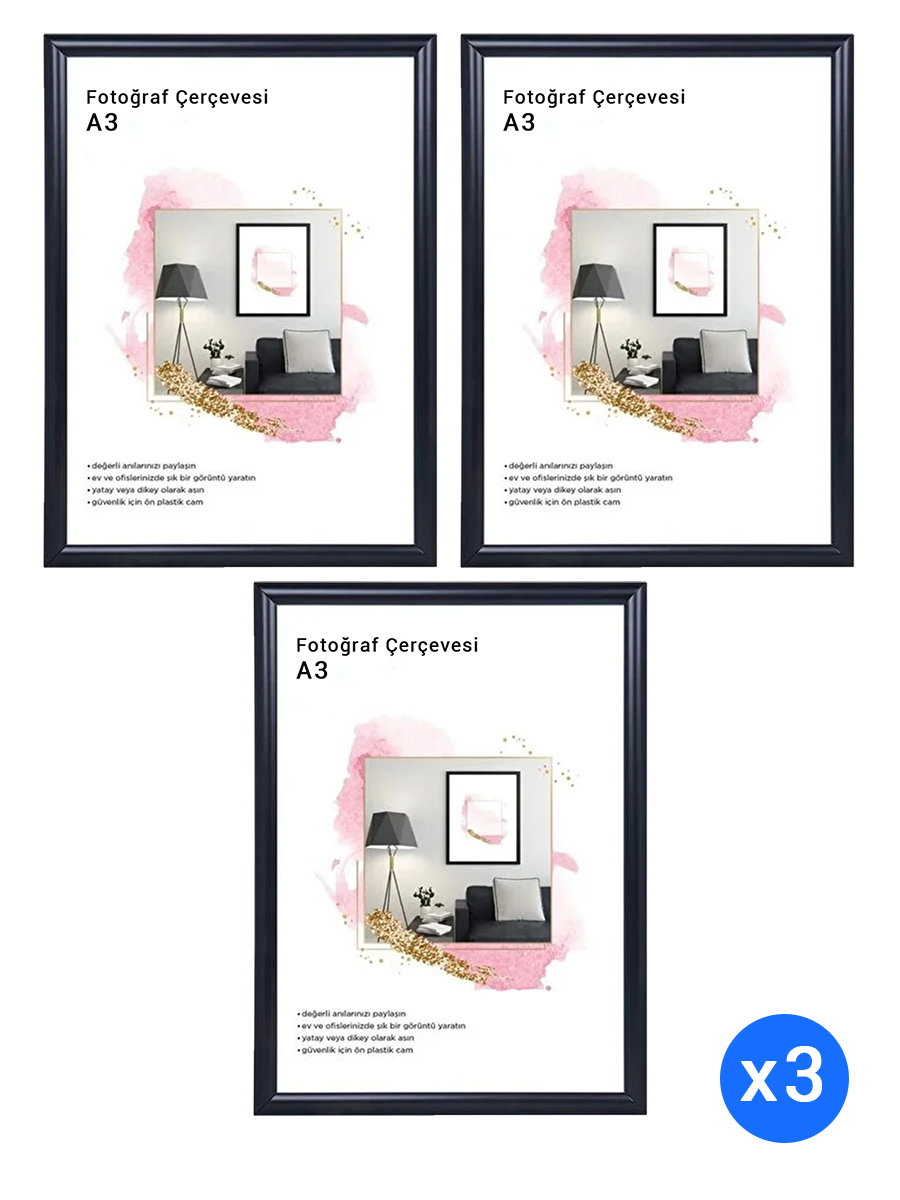 A3 Siyah Poster Çerçeve - Siyah Fotoğraf Çerçevesi Duvar Sertifika Belge Çerçeve 30x42cm 3 Adet - En İyi Fiyatlarla