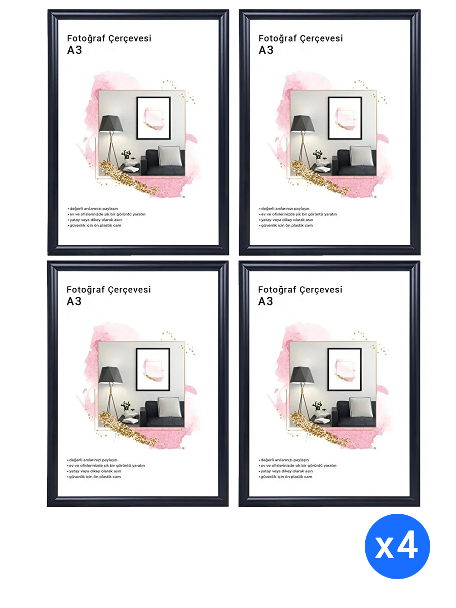 A3 Siyah Poster Çerçeve - Siyah Fotoğraf Çerçevesi Duvar Sertifika Belge Çerçeve 30x42cm 4 Adet - En İyi Fiyatlarla