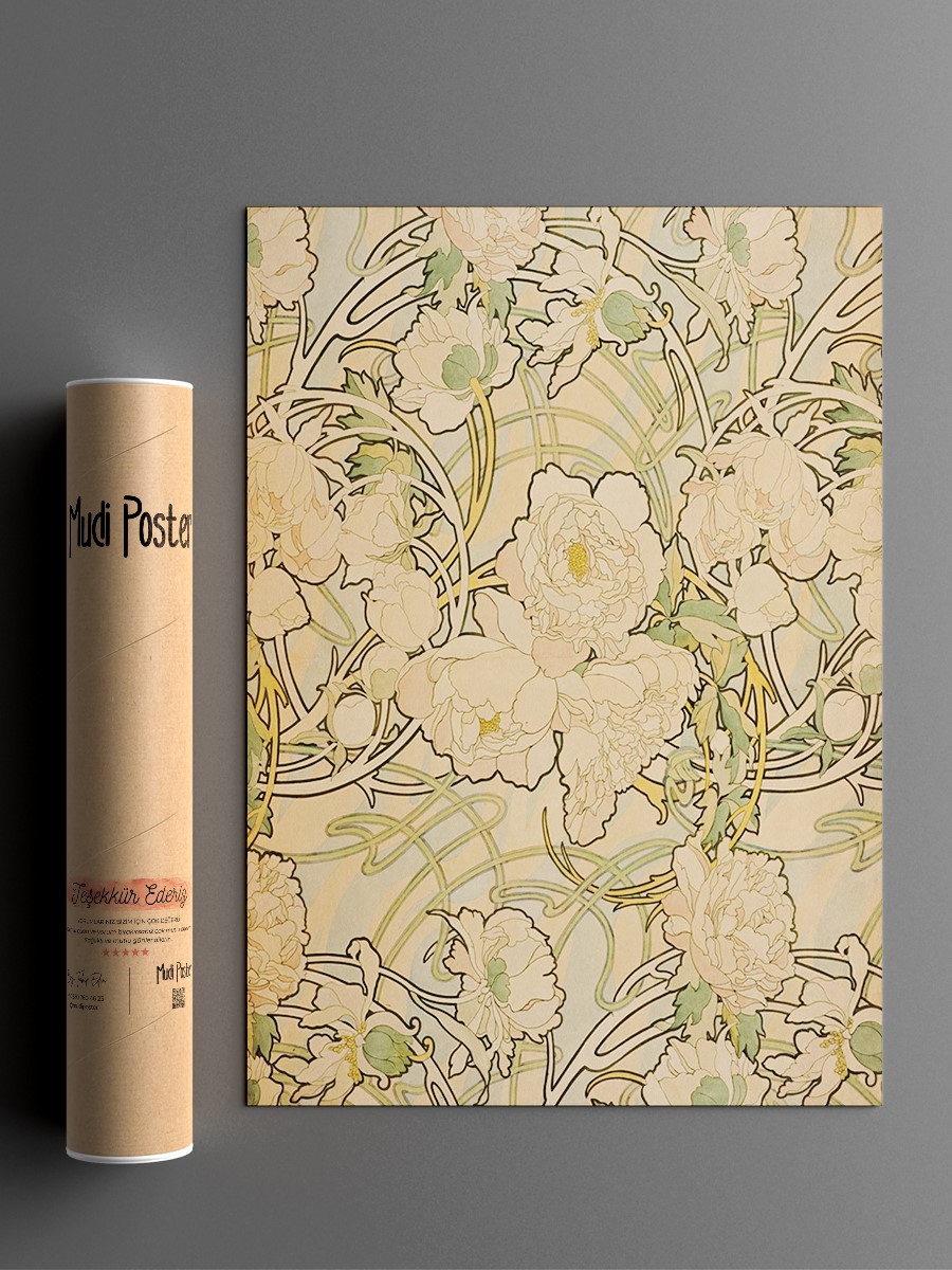 Alphonse Mucha Peonies Tablo Sanatsal Ünlü Ressam Poster Çerçevesiz Yüksek Kalite Poster