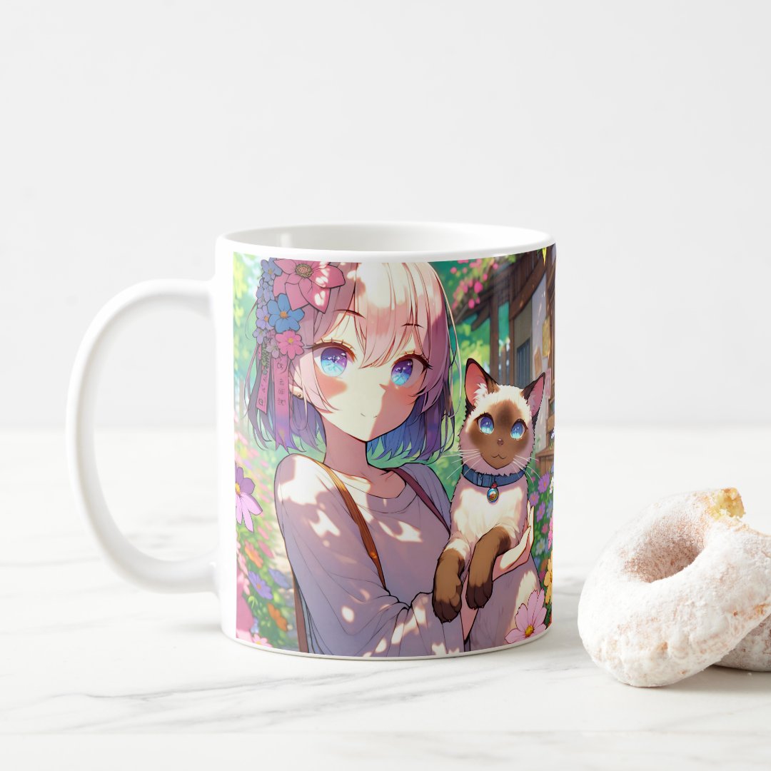 Anime Girl and Siamese Cat Personalised Coffee Mug Anime Kupa Bardak Modern Anime Baskılı Kupa