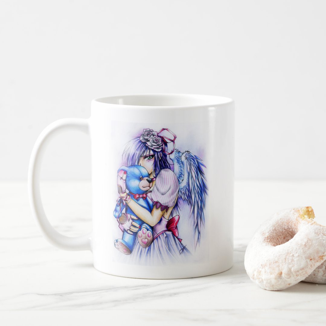 Anime Gothic Pink Angel Girl With Teddy Coffee Mug Anime Kupa Bardak Modern Anime Baskılı Kupa