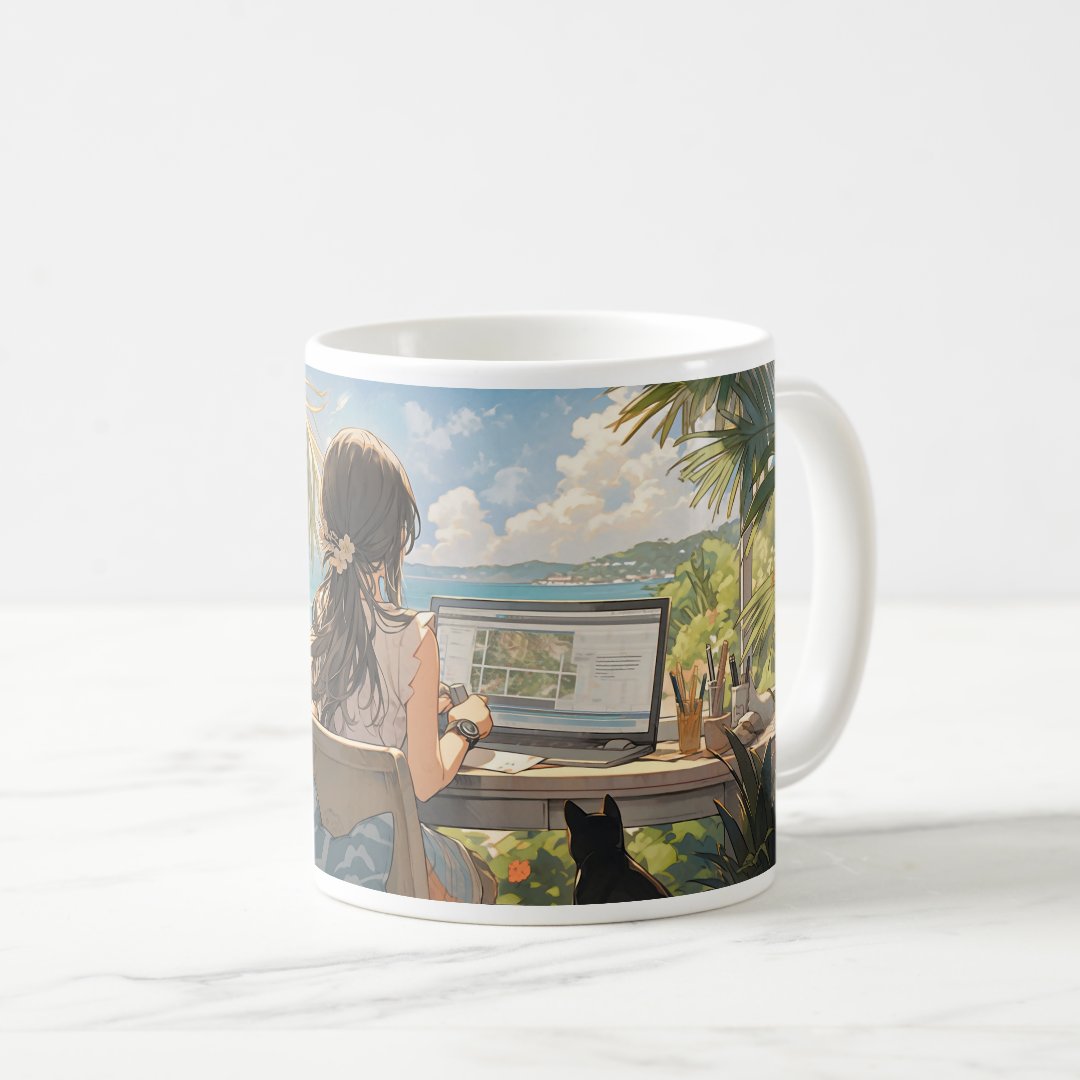 Anime office by the sea Coffee Mug Anime Kupa Bardak Modern Anime Baskılı Kupa