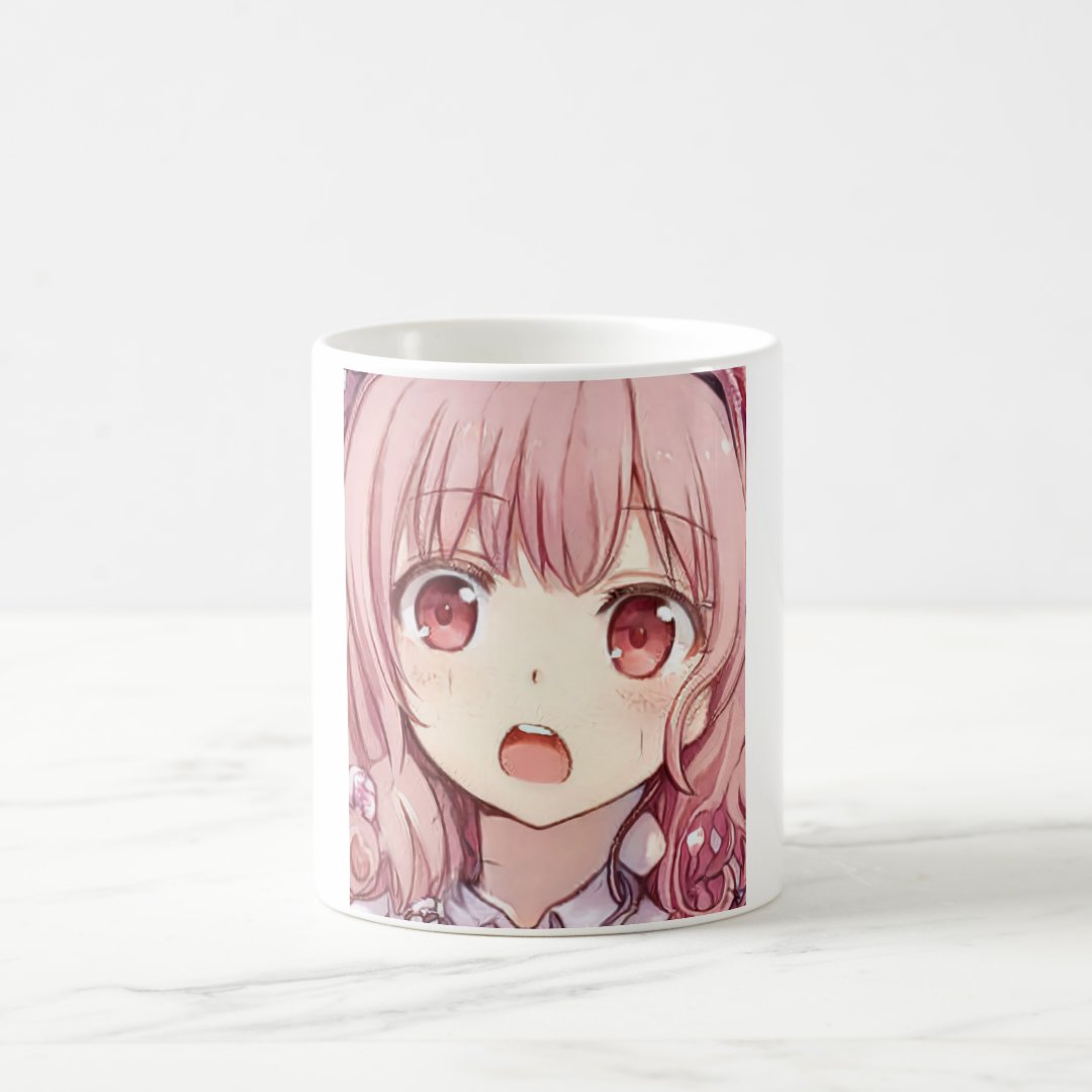 Anime pink-haired girl plum eyes scared Coffee Mug Anime Kupa Bardak Modern Anime Baskılı Kupa