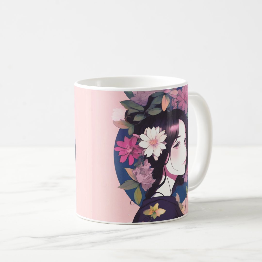 Beautiful Anime Girl Crowned with Flowers Coffee Mug Anime Kupa Bardak Modern Anime Baskılı Kupa