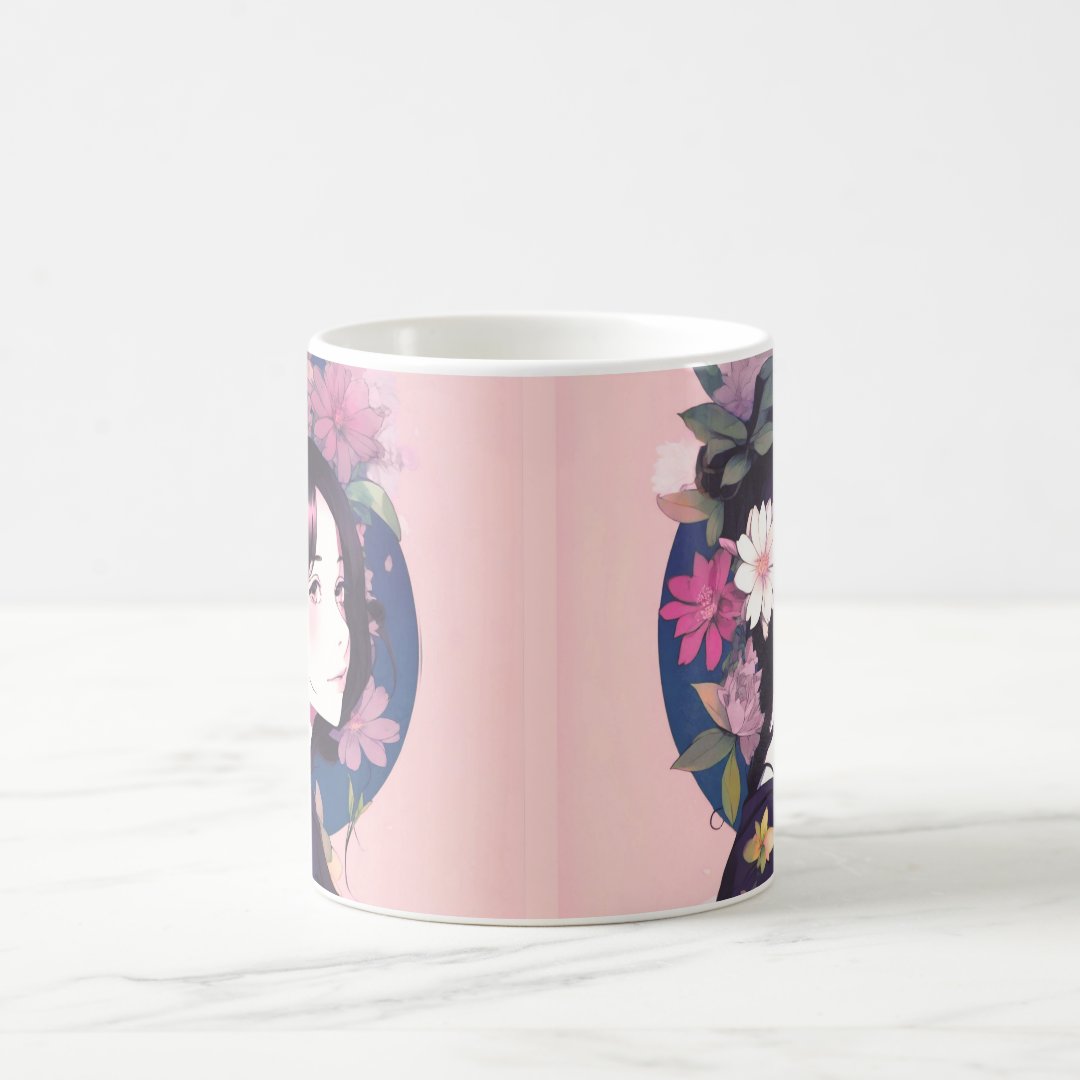 Beautiful Anime Girl Crowned with Flowers Coffee Mug Anime Kupa Bardak Modern Anime Baskılı Kupa