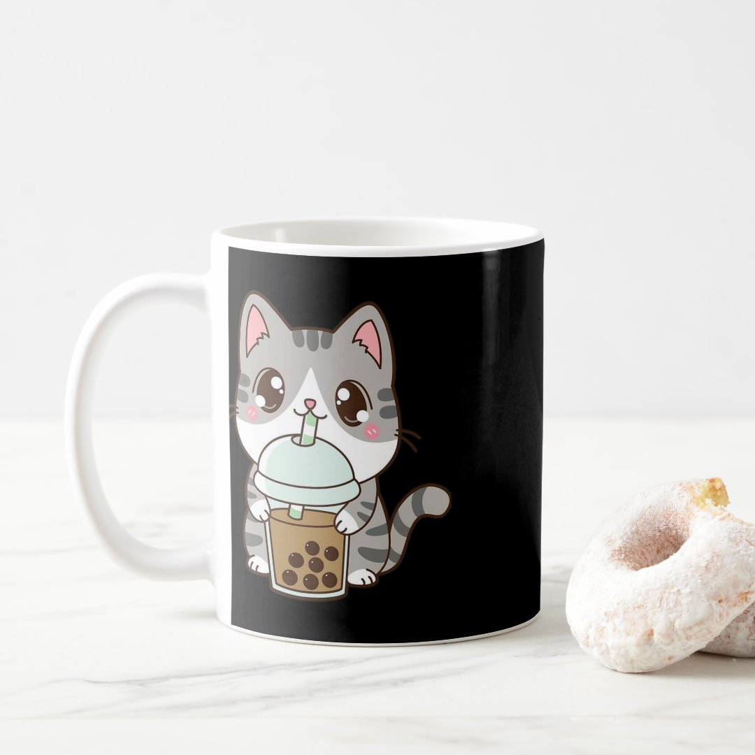 Cat Boba Tea Bubble Tea Anime Kawaii Neko 1  Coffee Mug Anime Kupa Bardak Modern Anime Baskılı Kupa