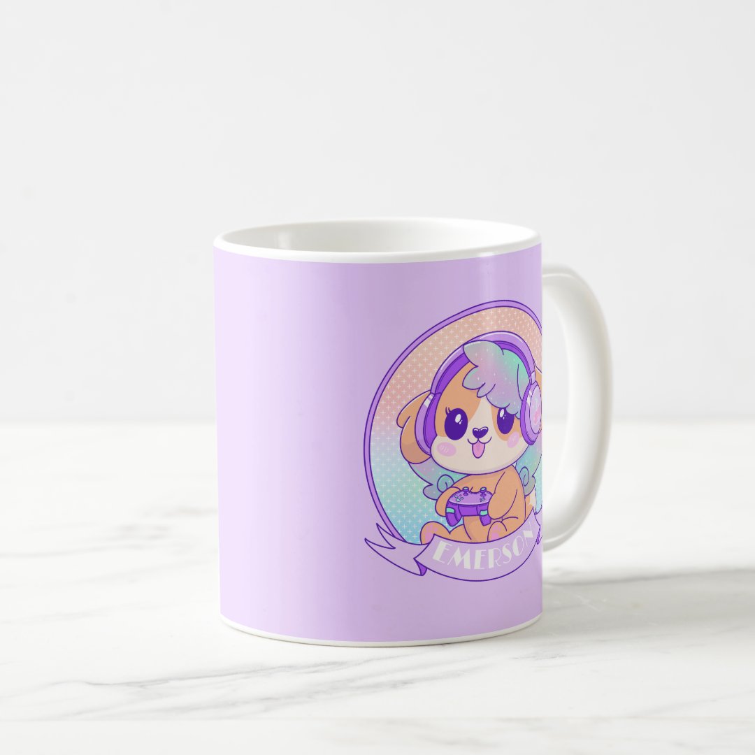 Cool Kawaii Gamer Girl Dog in Purple with Name Coffee Mug Anime Kupa Bardak Modern Anime Baskılı Kupa