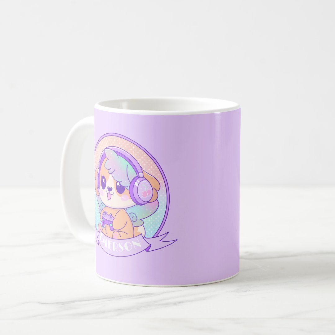 Cool Kawaii Gamer Girl Dog in Purple with Name Coffee Mug Anime Kupa Bardak Modern Anime Baskılı Kupa