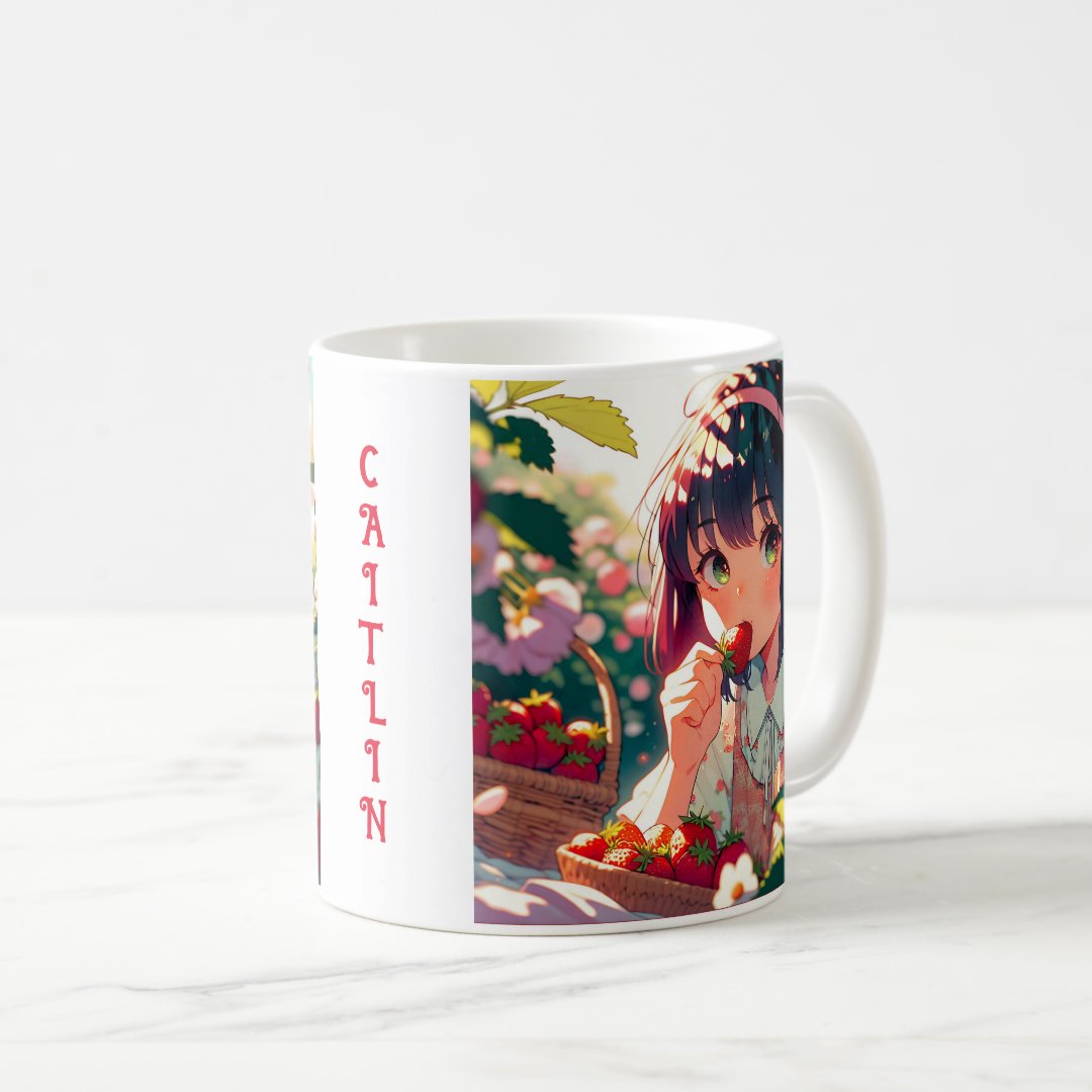 Cute Anime Girl Eating Strawberries | Summer Day Coffee Mug Anime Kupa Bardak Modern Anime Baskılı Kupa