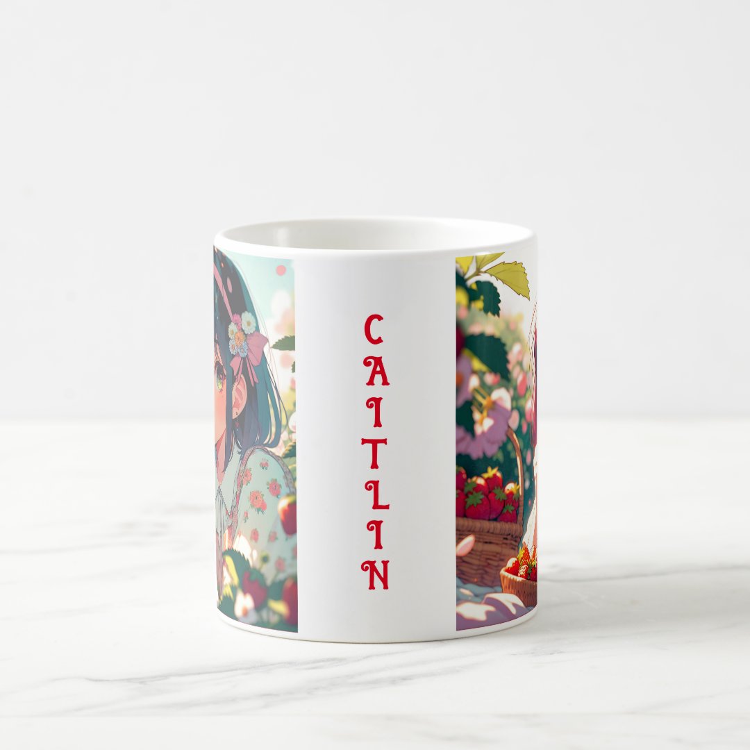Cute Anime Girl Eating Strawberries | Summer Day Coffee Mug Anime Kupa Bardak Modern Anime Baskılı Kupa