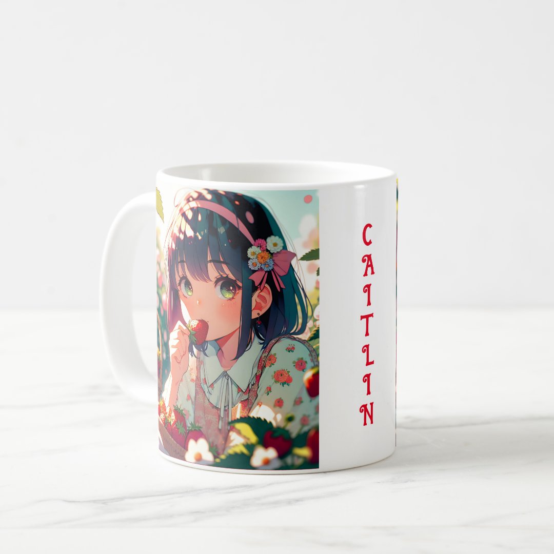 Cute Anime Girl Eating Strawberries | Summer Day Coffee Mug Anime Kupa Bardak Modern Anime Baskılı Kupa