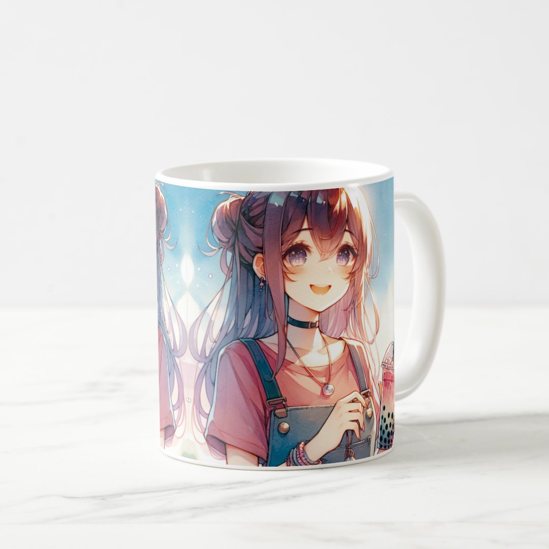 Cute Anime Girl Holding a Boba Tea Coffee Mug Anime Kupa Bardak Modern Anime Baskılı Kupa