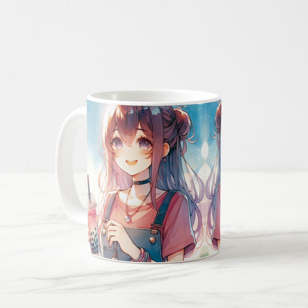 Cute Anime Girl Holding a Boba Tea Coffee Mug Anime Kupa Bardak Modern Anime Baskılı Kupa