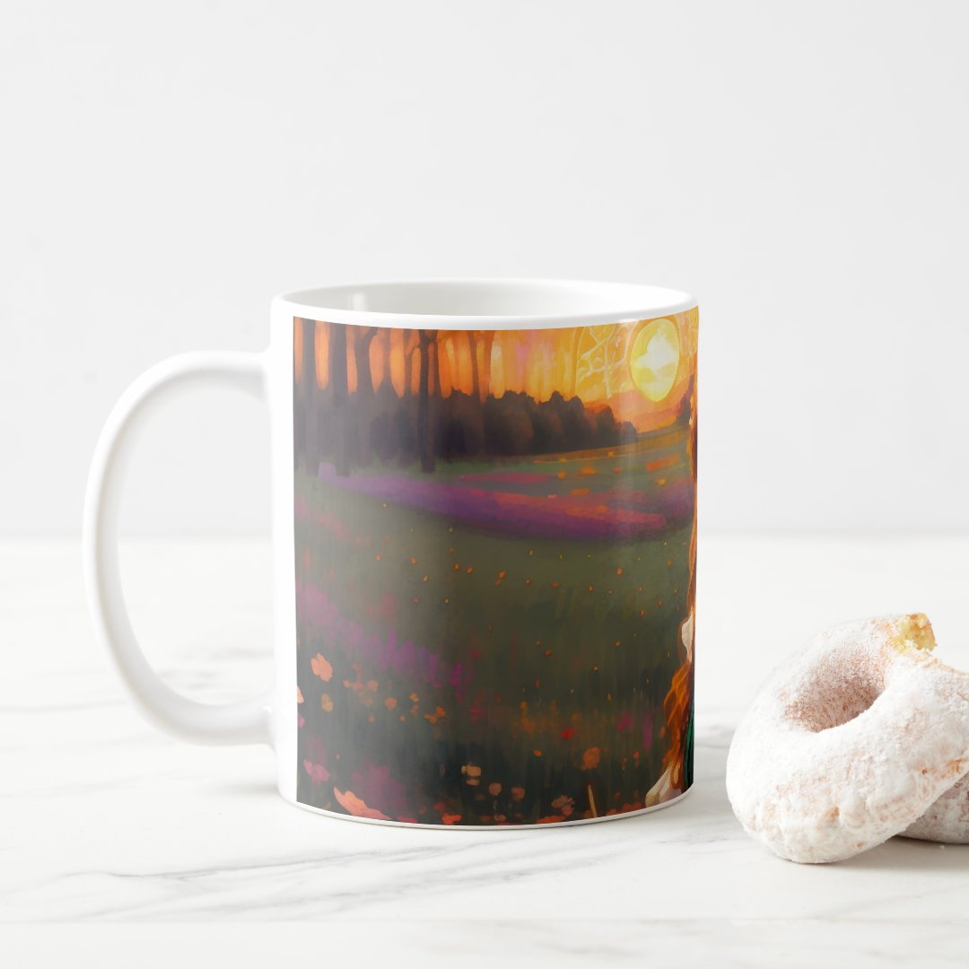 Cute Sad Anime Style Woman in Meadow at Sunset Coffee Mug Anime Kupa Bardak Modern Anime Baskılı Kupa