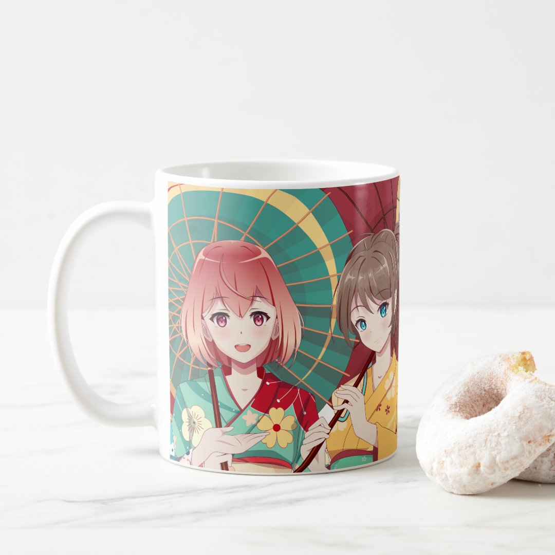 Group of anime manga girls in traditional Japanese Coffee Mug Anime Kupa Bardak Modern Anime Baskılı Kupa