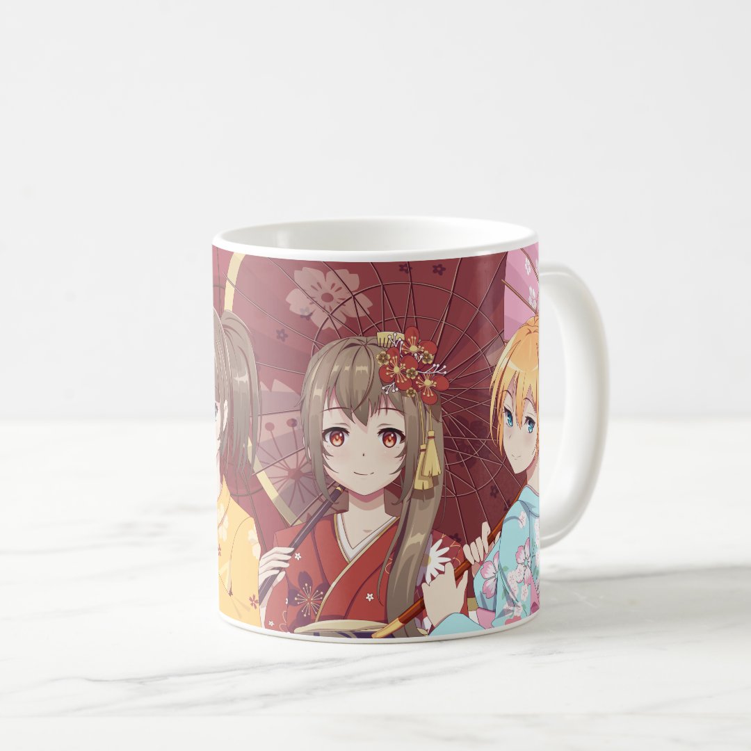 Group of anime manga girls in traditional Japanese Coffee Mug Anime Kupa Bardak Modern Anime Baskılı Kupa