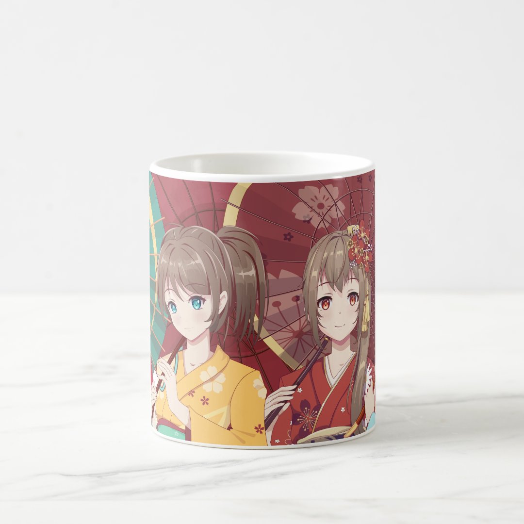Group of anime manga girls in traditional Japanese Coffee Mug Anime Kupa Bardak Modern Anime Baskılı Kupa