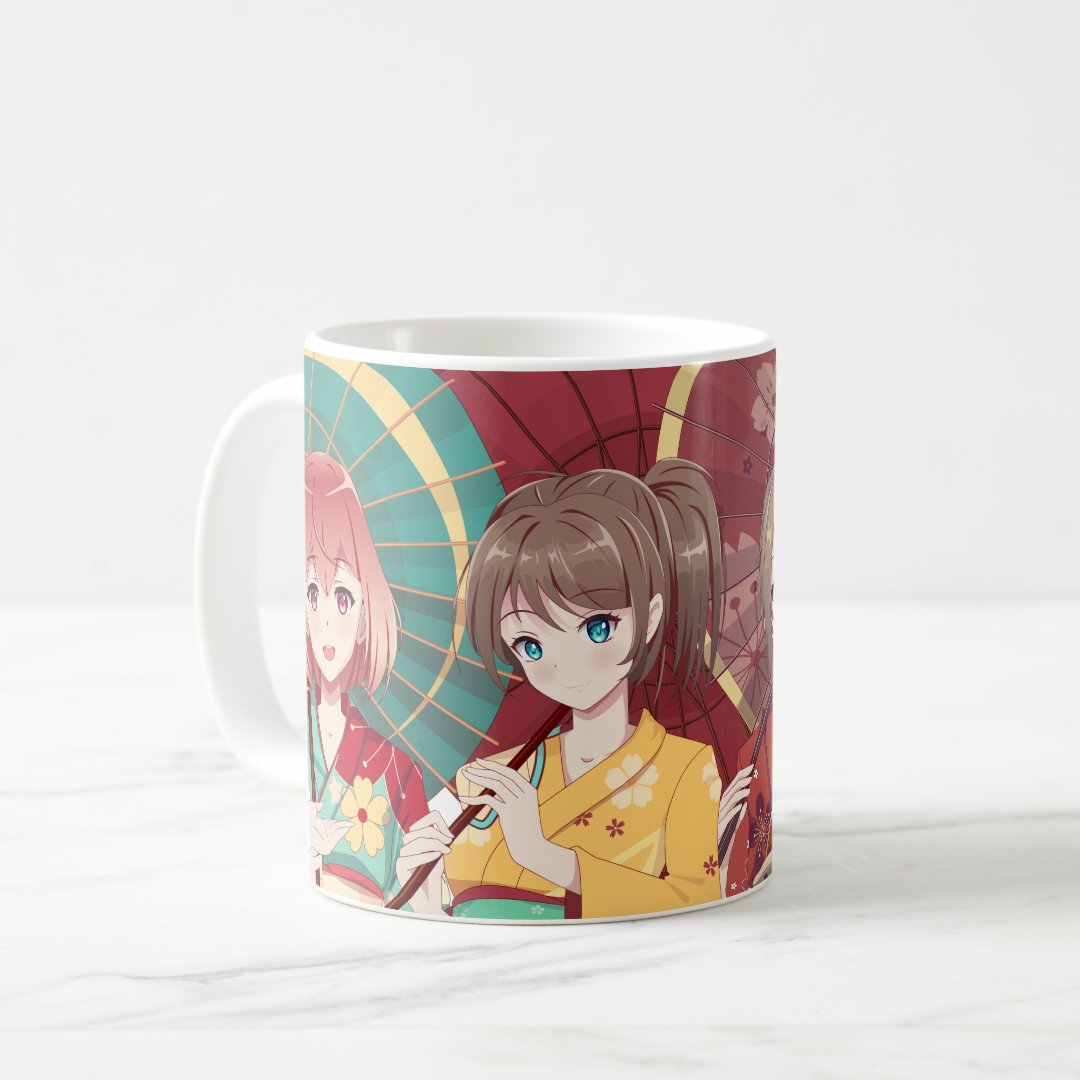 Group of anime manga girls in traditional Japanese Coffee Mug Anime Kupa Bardak Modern Anime Baskılı Kupa