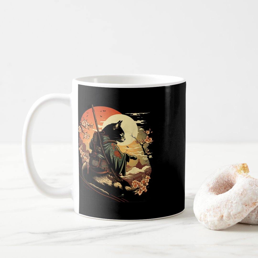 Japanese Art Cat Ninja Ukiyo-e Anime Style Samurai Coffee Mug Anime Kupa Bardak Modern Anime Baskılı Kupa