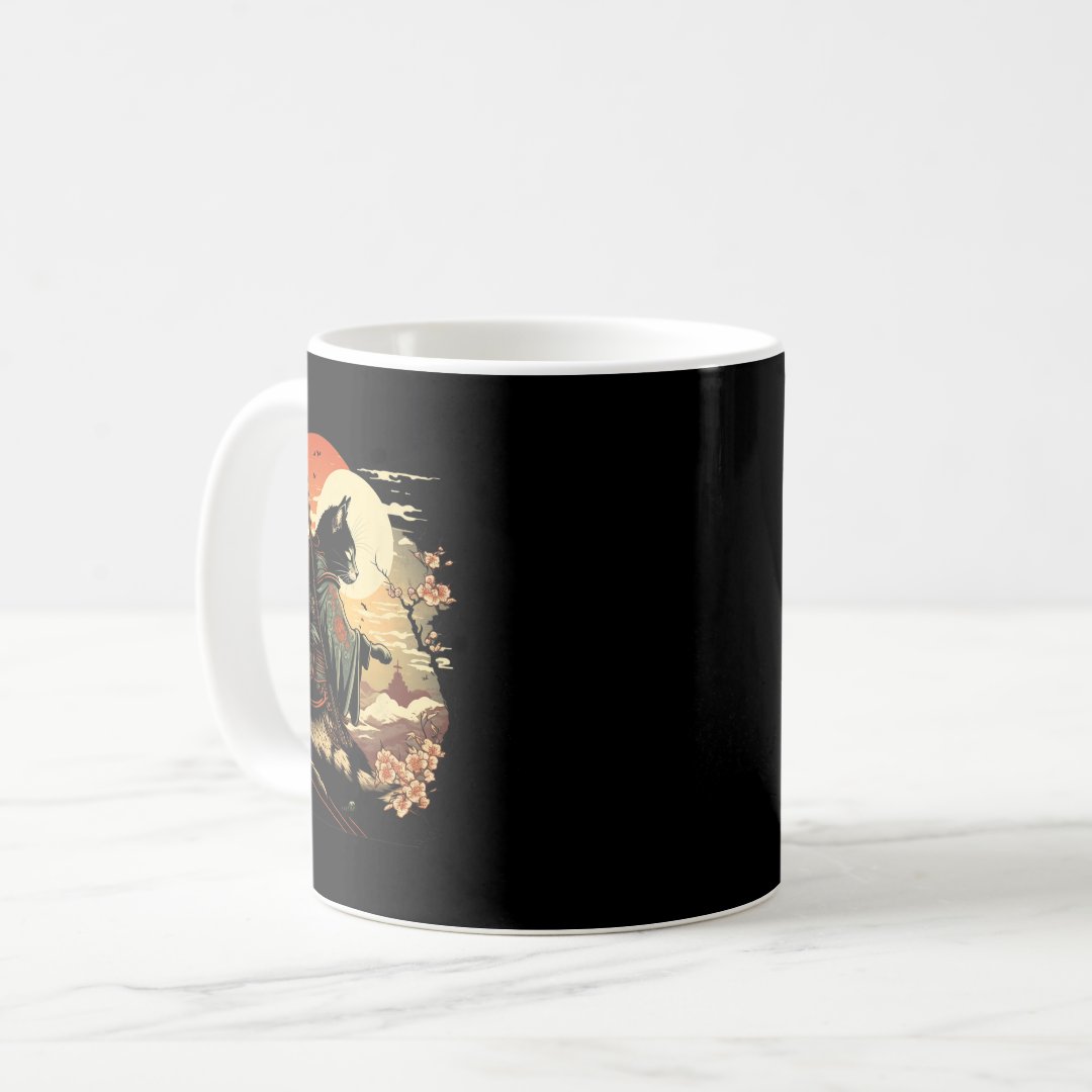 Japanese Art Cat Ninja Ukiyo-e Anime Style Samurai Coffee Mug Anime Kupa Bardak Modern Anime Baskılı Kupa