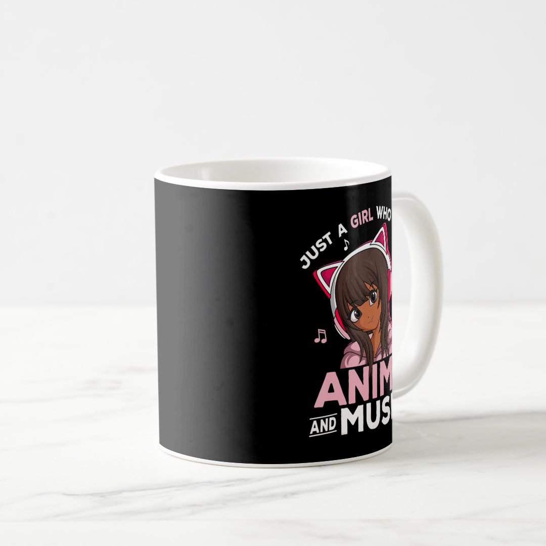 Just A Girl Who Loves Anime and Music Black Girl A Coffee Mug Anime Kupa Bardak Modern Anime Baskılı Kupa