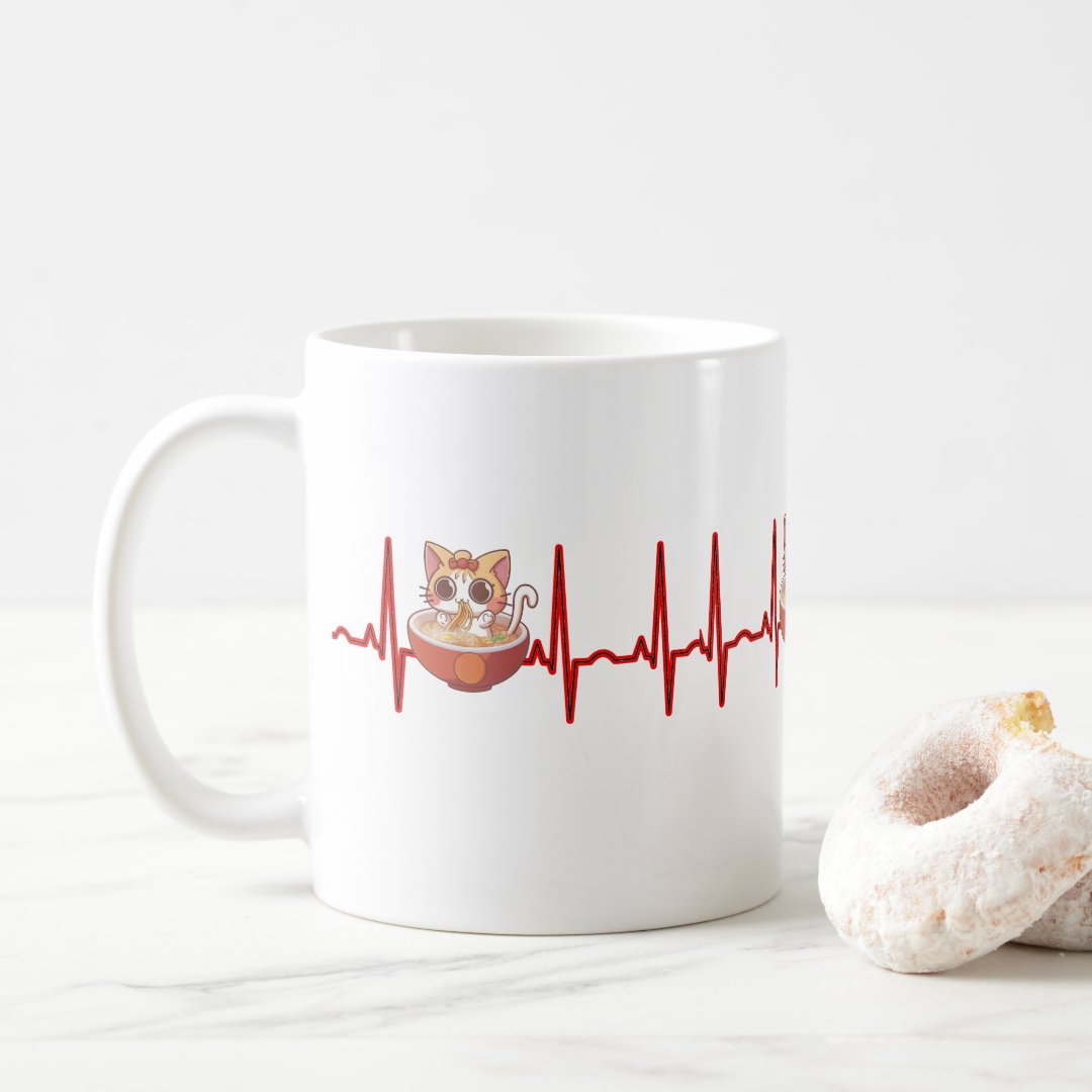Kawaii Anime Cat Ramen Noodles Otaku EKG Heartbeat Coffee Mug Anime Kupa Bardak Modern Anime Baskılı Kupa
