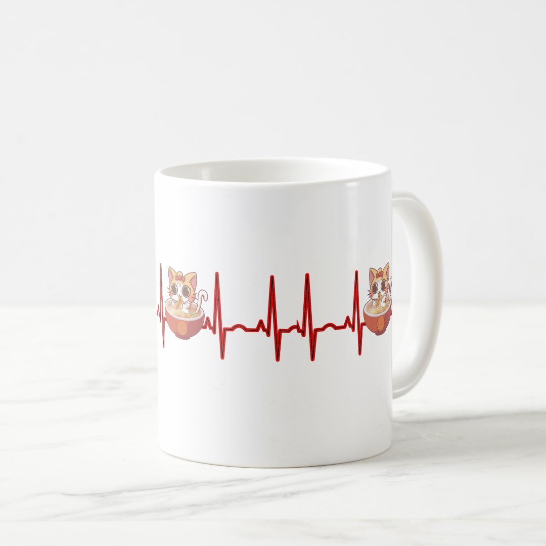 Kawaii Anime Cat Ramen Noodles Otaku EKG Heartbeat Coffee Mug Anime Kupa Bardak Modern Anime Baskılı Kupa