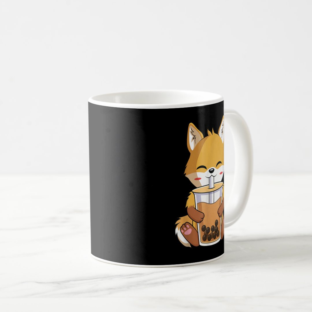 Kawaii Anime Fox Drinking Boba Bubble Tea Lover  Coffee Mug Anime Kupa Bardak Modern Anime Baskılı Kupa