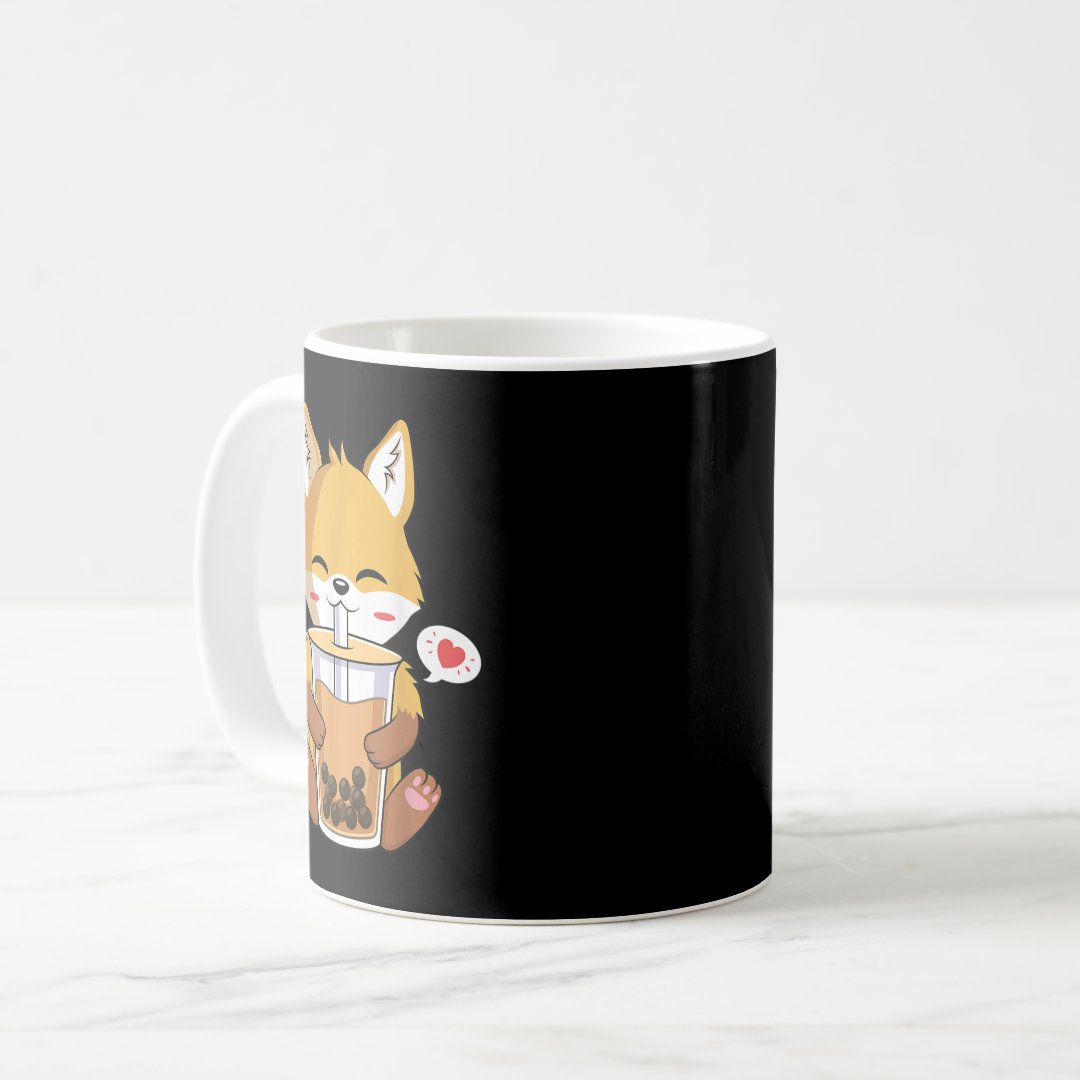 Kawaii Anime Fox Drinking Boba Bubble Tea Lover  Coffee Mug Anime Kupa Bardak Modern Anime Baskılı Kupa