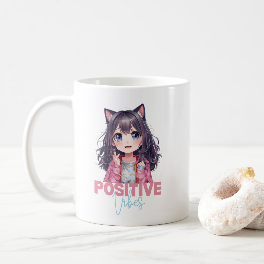 Positive Vibes Anime Cat Girl Mug Anime Kupa Bardak Modern Anime Baskılı Kupa