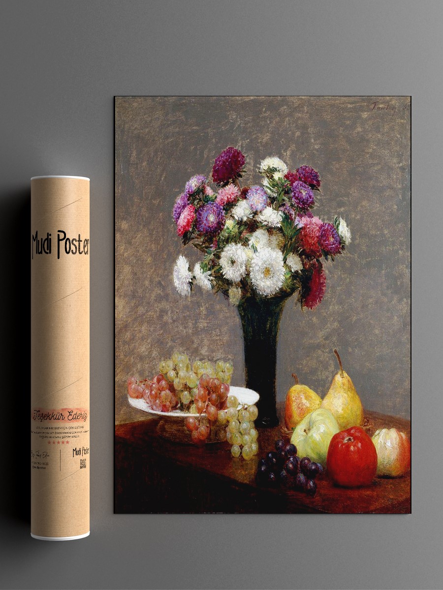 Asters and Fruit  Tablo Sanatsal Ünlü Ressam Poster Çerçevesiz Yüksek Kalite Poster