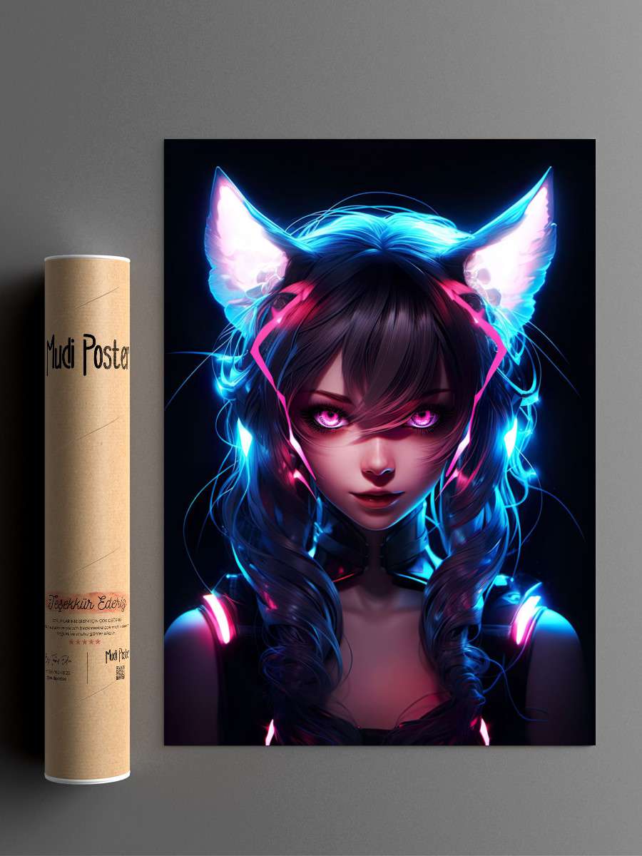 Cat Girl Blue Neon Manga Anime Poster Çerçevesiz Yüksek Kalite Anime Duvar Poster