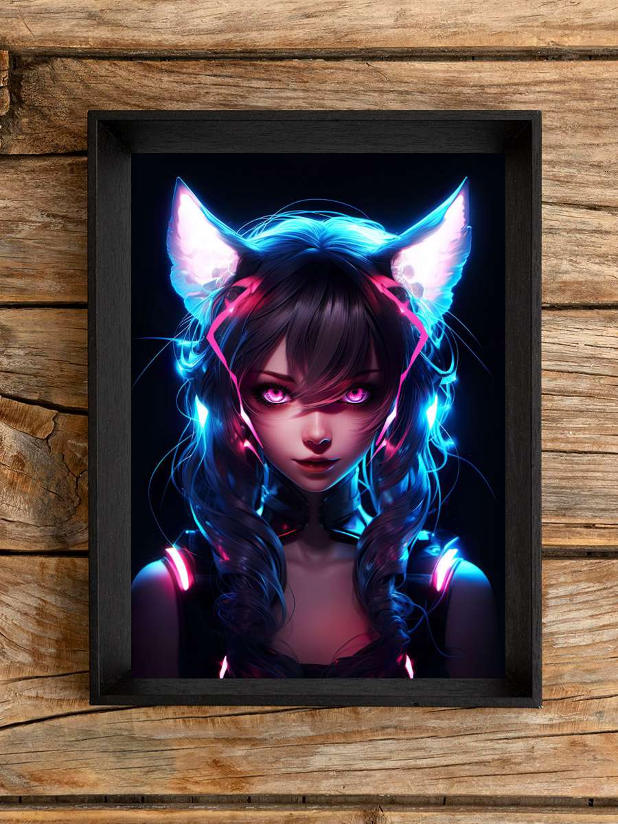Cat Girl Blue Neon Manga Anime Poster Çerçevesiz Yüksek Kalite Anime Duvar Poster