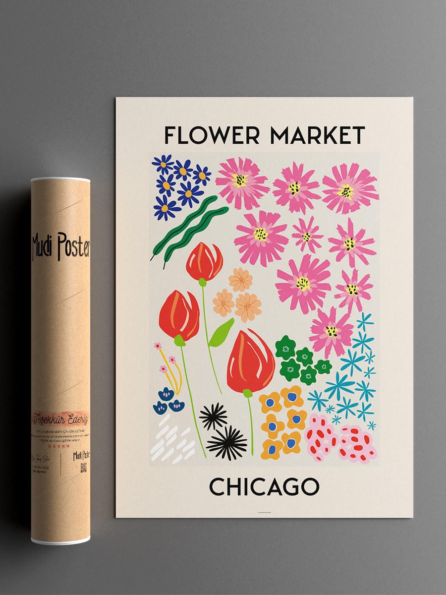 Chicago Soyut Çiçek Modern Poster Çerçevesiz Duvar Tablosu Sanatsal Poster