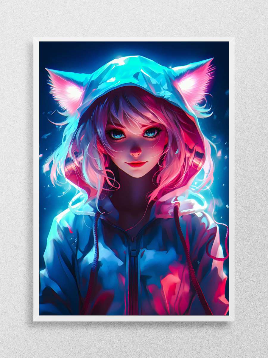 Cute Cat Girls Neon Anime Poster Çerçevesiz Yüksek Kalite Anime Duvar Poster