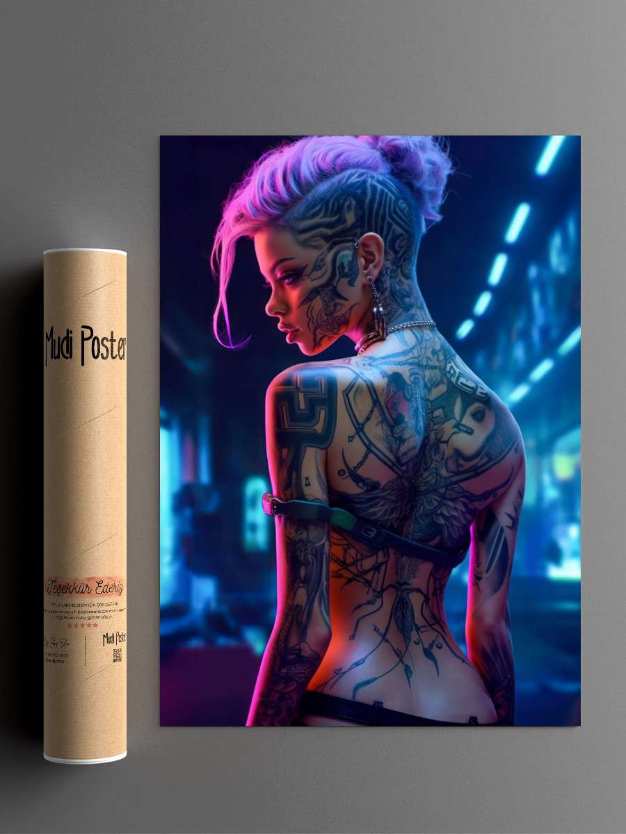Cyberpunk Girl with Tattoo Anime Poster Çerçevesiz Yüksek Kalite Anime Duvar Poster