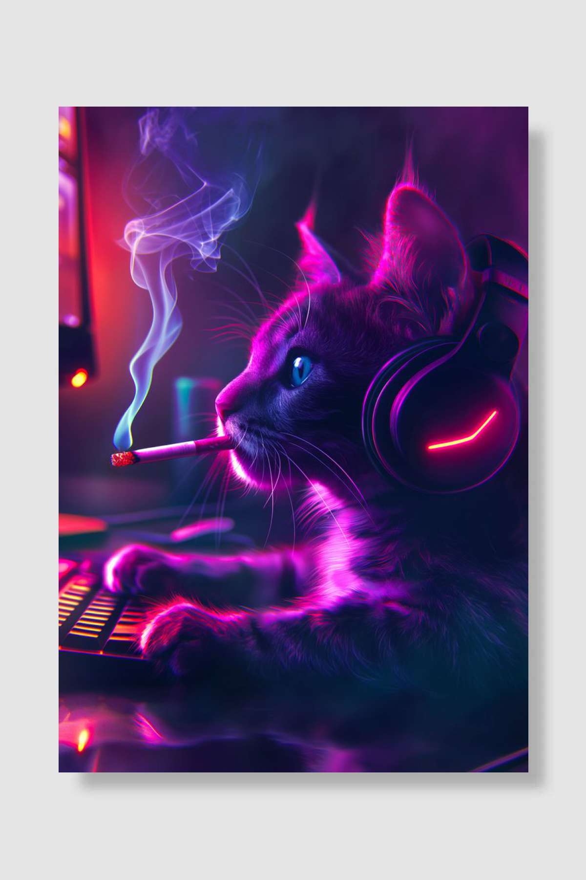 Gamer Cat with Headphones Oyun Poster Çerçevesiz Yüksek Kalite Oyun Afiş Duvar Poster