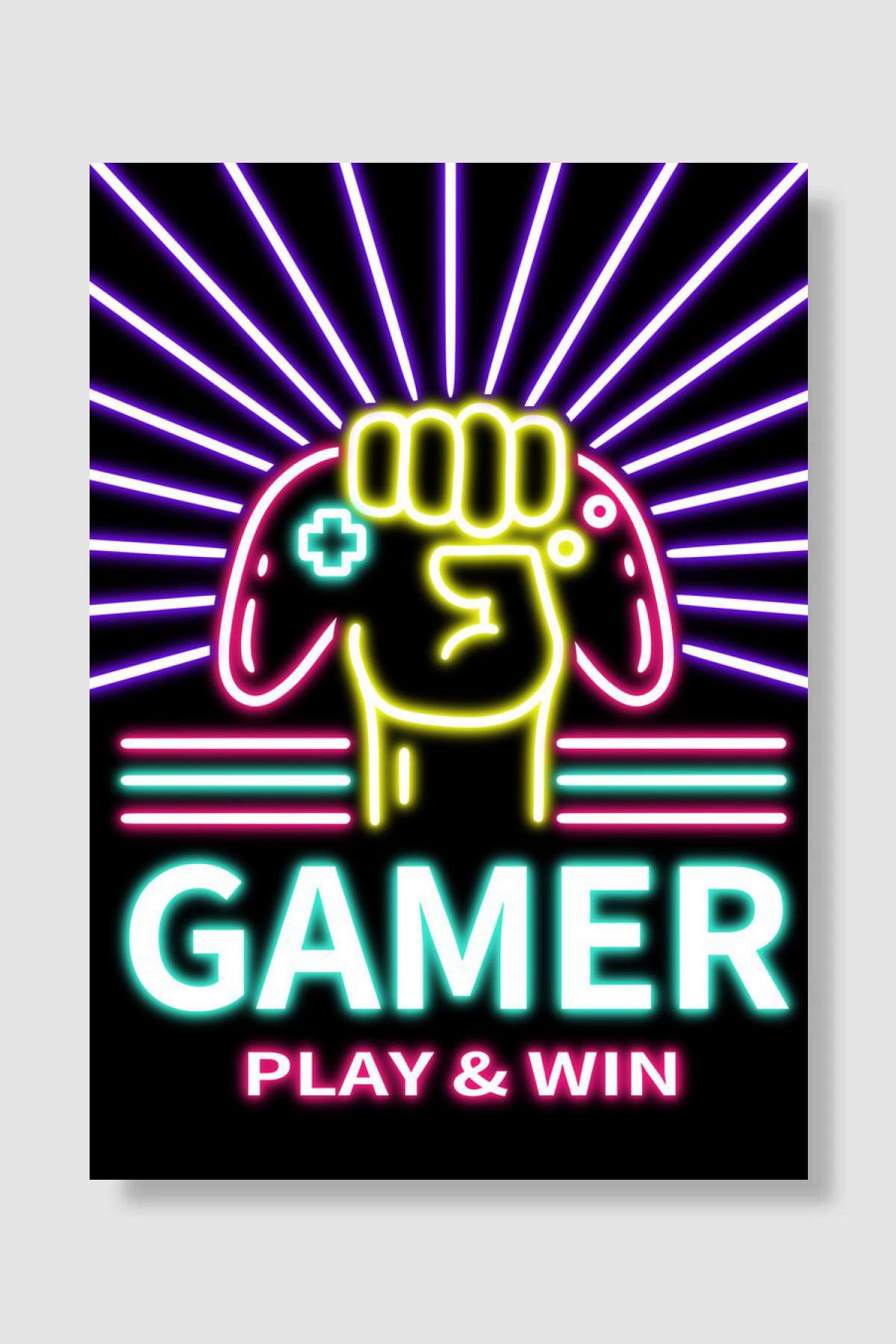 Neon Gamer play and win Oyun Poster Çerçevesiz Yüksek Kalite Oyun Afiş Duvar Poster