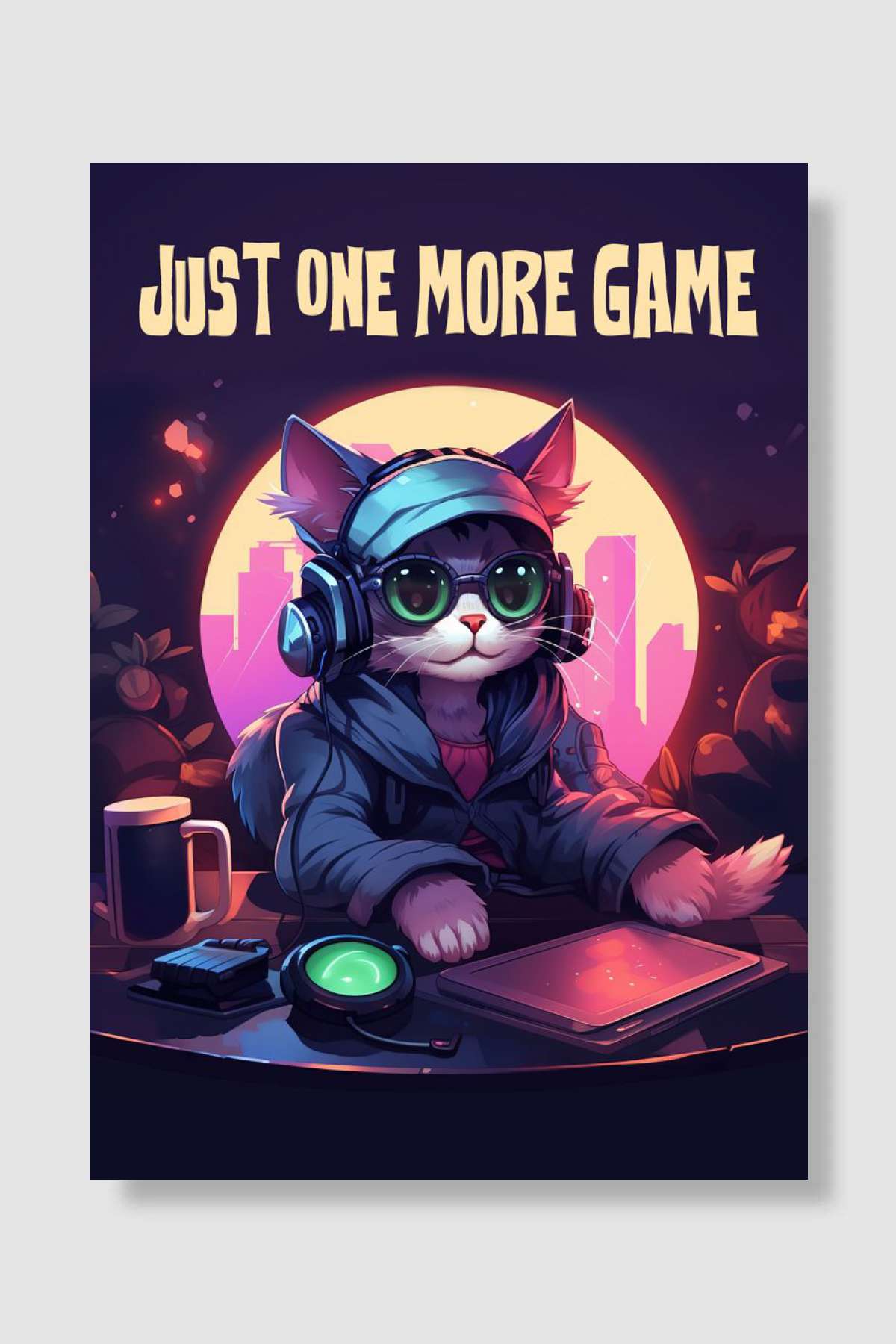 Cat Gaming With Headset Oyun Poster Çerçevesiz Yüksek Kalite Oyun Afiş Duvar Poster