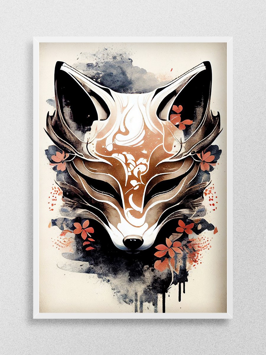 Kitsune Fox Mask Ink Wash Anime Poster Çerçevesiz Yüksek Kalite Anime Duvar Poster