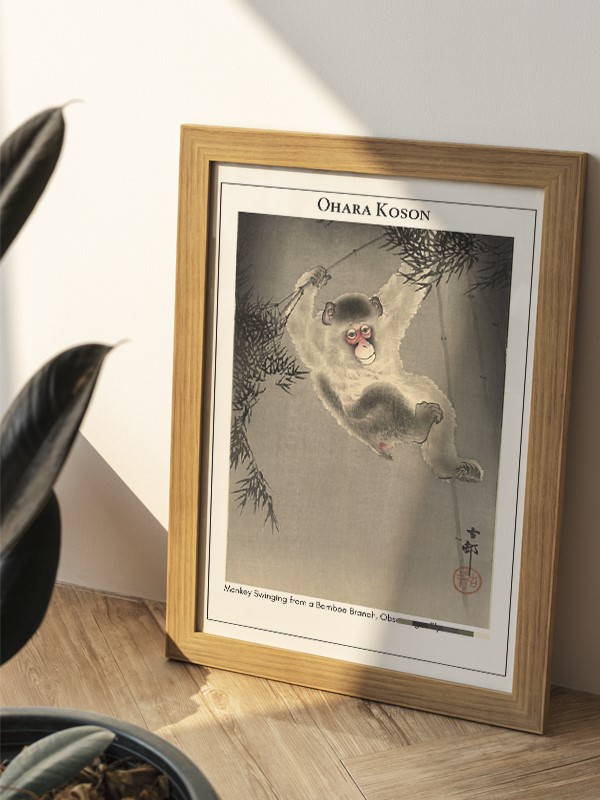 Ohara Koson Monkey Swinging from a Bamboo Branch, Observing a Fly Poster