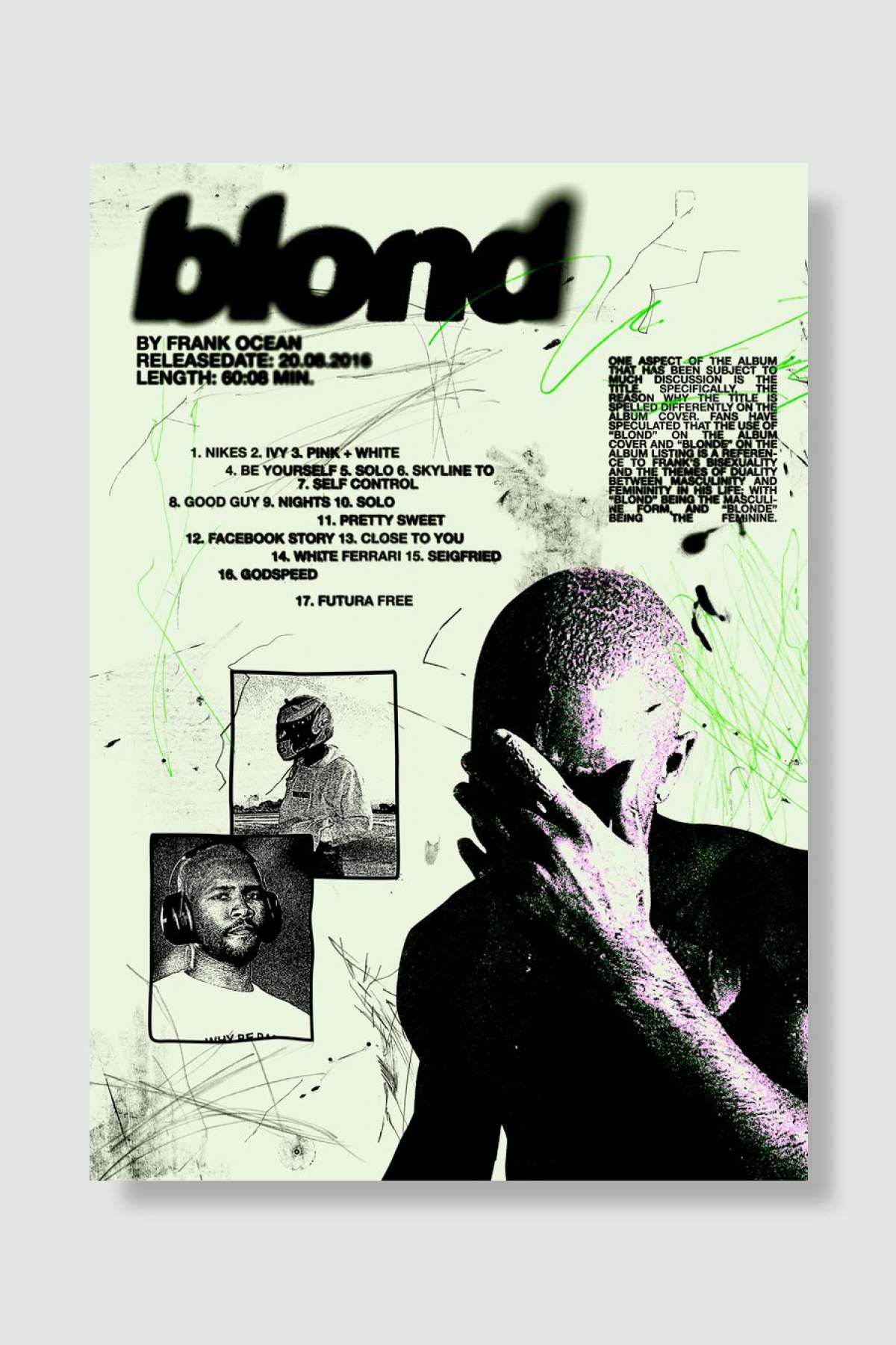 Frank Ocean Blond Müzik Poster Çerçevesiz Yüksek Kalite Müzik Afiş Duvar Poster
