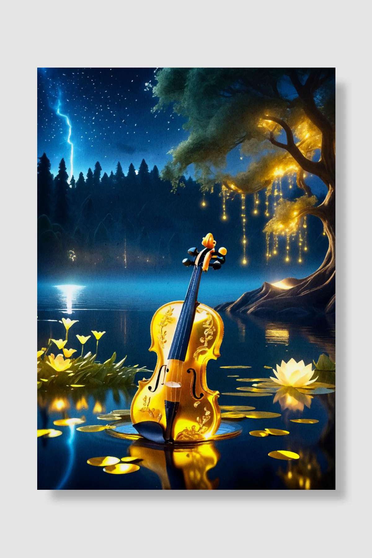 bright glowing violin Müzik Poster Çerçevesiz Yüksek Kalite Müzik Afiş Duvar Poster