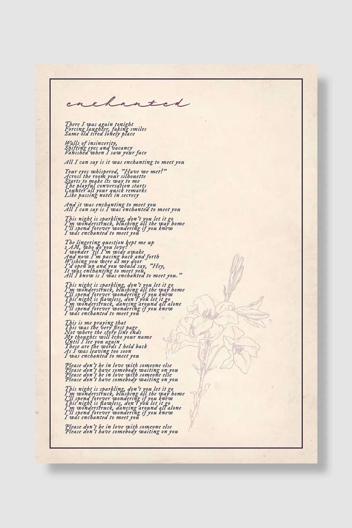 enchanted lyric 1 Müzik Poster Çerçevesiz Yüksek Kalite Müzik Afiş Duvar Poster