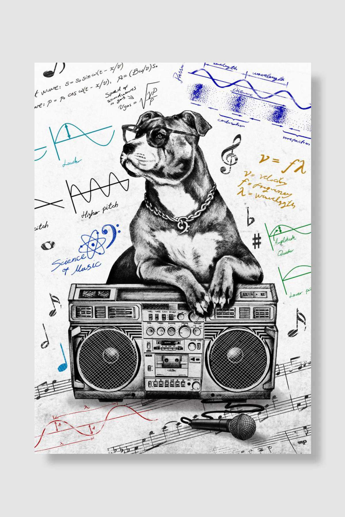 Music Science Dog W Müzik Poster Çerçevesiz Yüksek Kalite Müzik Afiş Duvar Poster