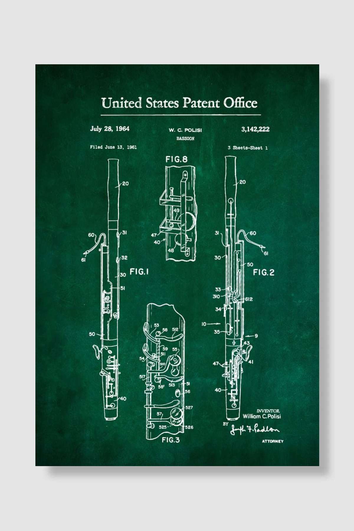 21Bassoon Patent 1964 Müzik Poster Çerçevesiz Yüksek Kalite Müzik Afiş Duvar Poster
