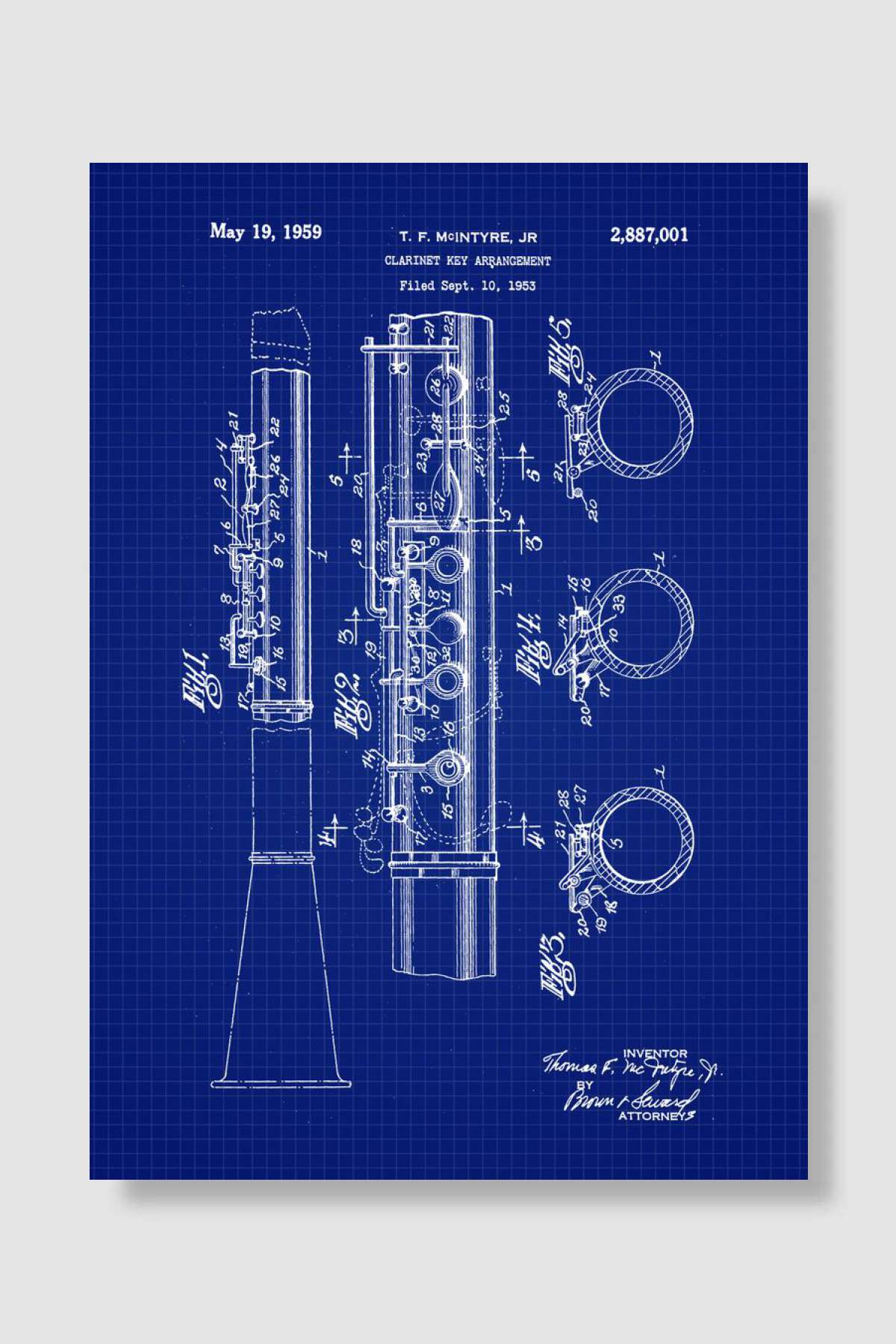1959 Clarinet Key Patent Müzik Poster Çerçevesiz Yüksek Kalite Müzik Afiş Duvar Poster