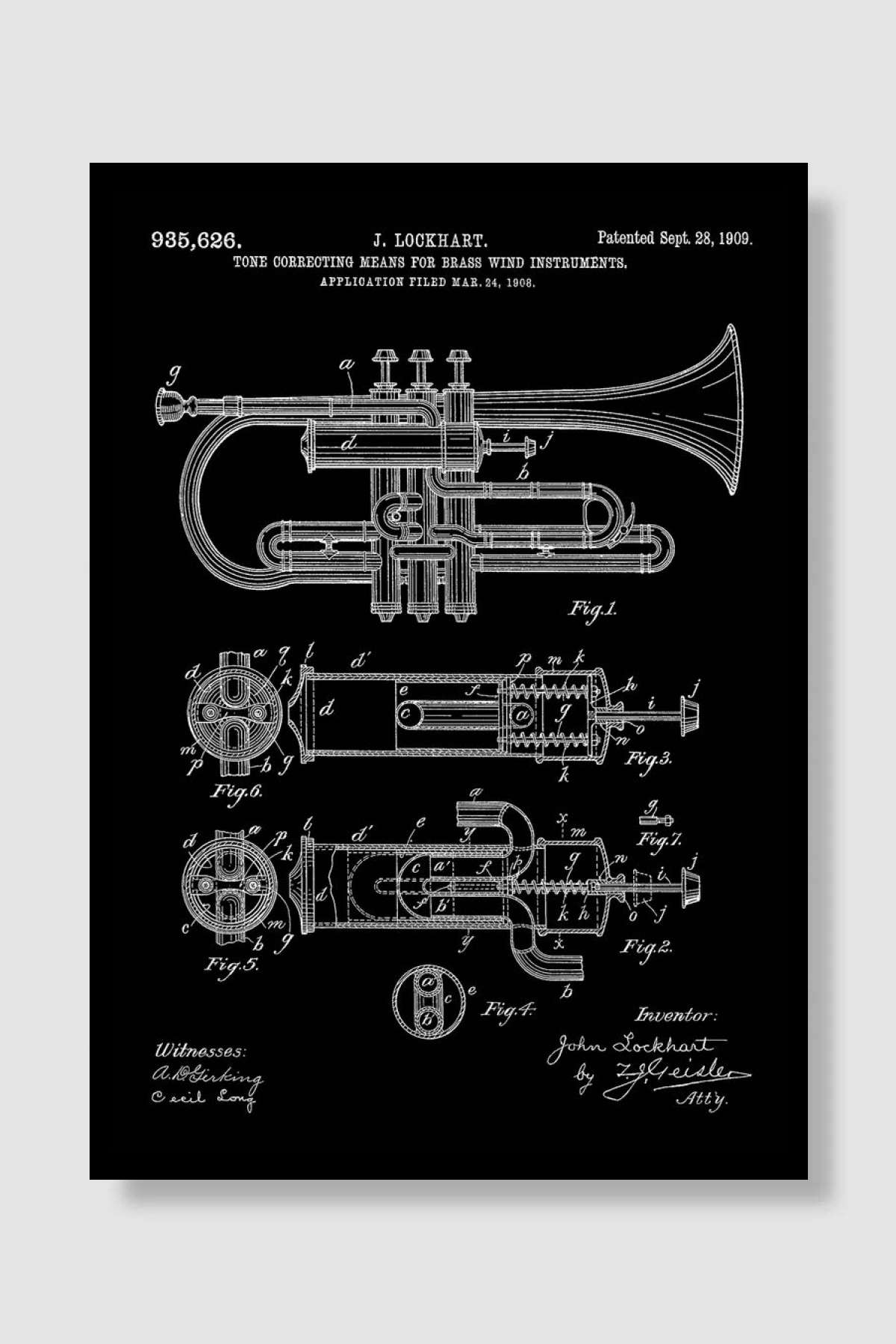 Trumpet 1909 Blueprint Müzik Poster Çerçevesiz Yüksek Kalite Müzik Afiş Duvar Poster